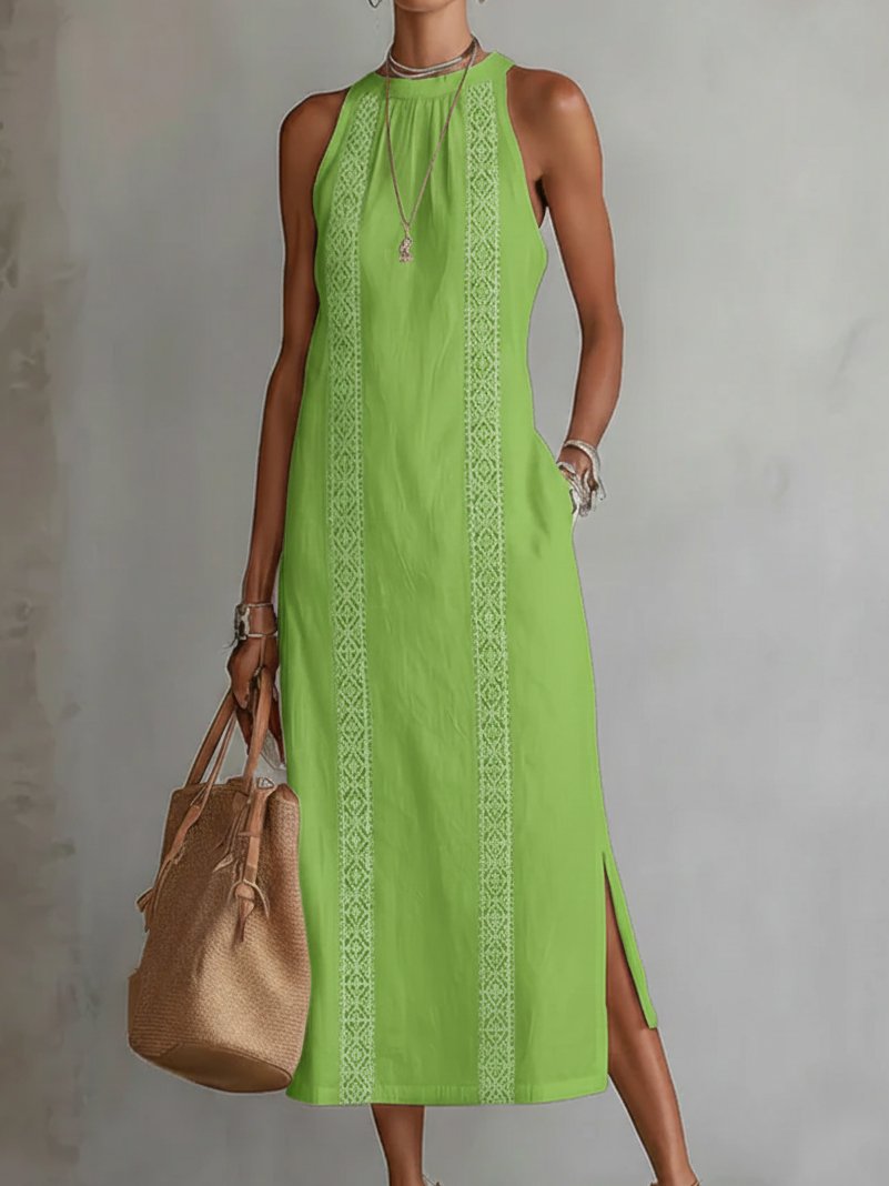 Embroidered Sleeveless Maxi Dress with Side Slit