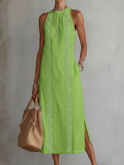 Embroidered Sleeveless Maxi Dress with Side Slit