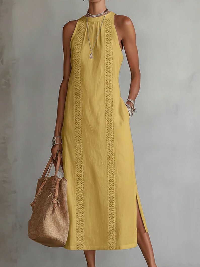 Embroidered Sleeveless Maxi Dress with Side Slit