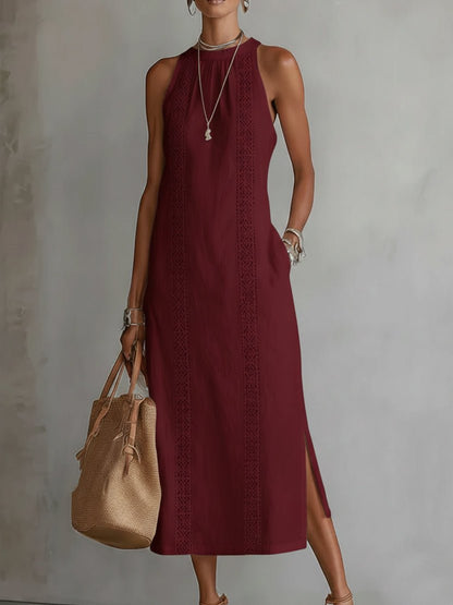 Embroidered Sleeveless Maxi Dress with Side Slit
