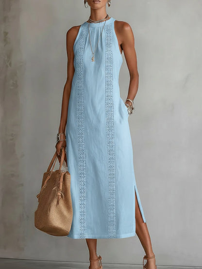 Embroidered Sleeveless Maxi Dress with Side Slit