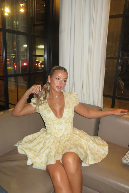 Elegant Yellow Floral A Line Dress for Women with Square Neck Style