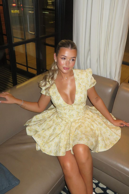 Elegant Yellow Floral A Line Dress for Women with Square Neck Style