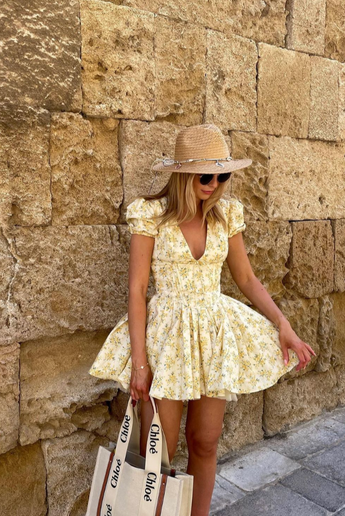 Elegant Yellow Floral A Line Dress for Women with Square Neck Style