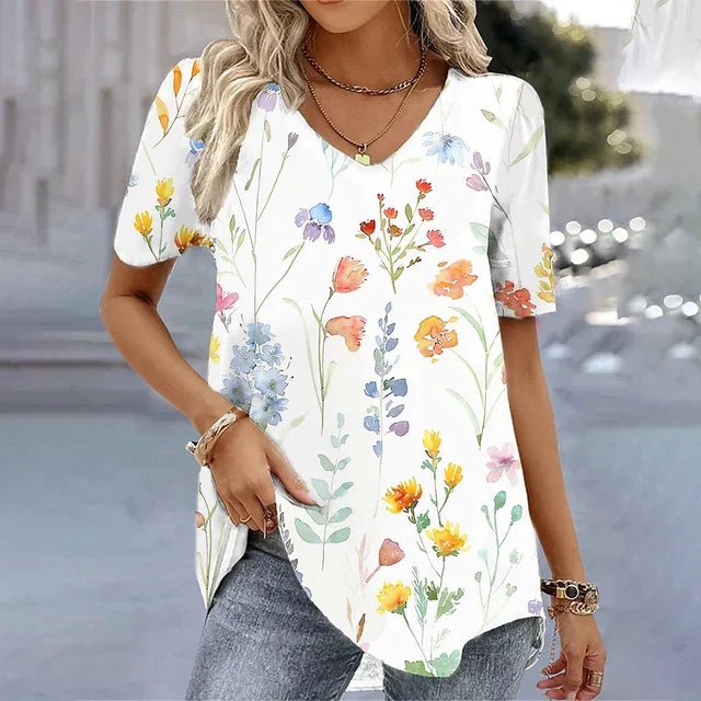 Printed V Neck Blouse with Short Sleeves