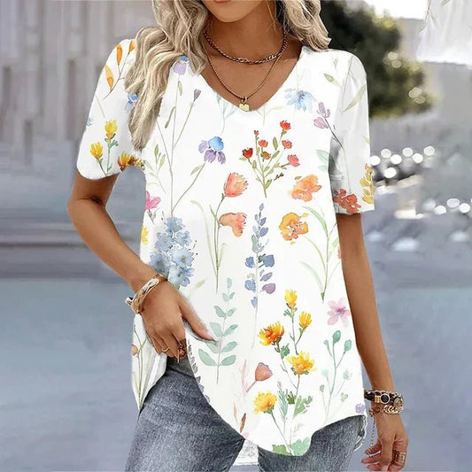 Printed V Neck Blouse with Short Sleeves