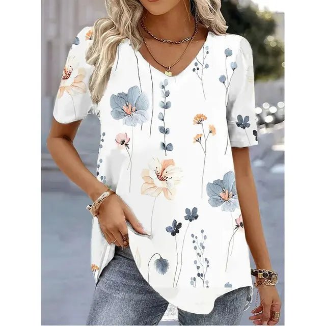 Printed V Neck Blouse with Short Sleeves