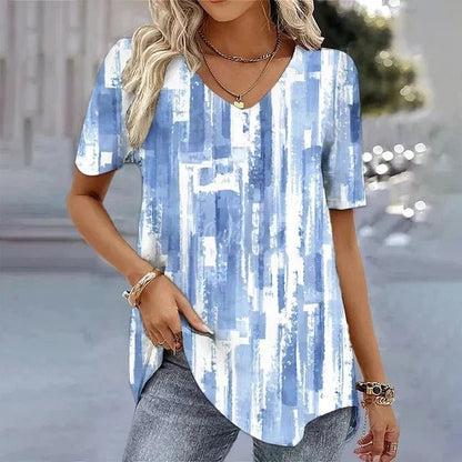 Printed V Neck Blouse with Short Sleeves