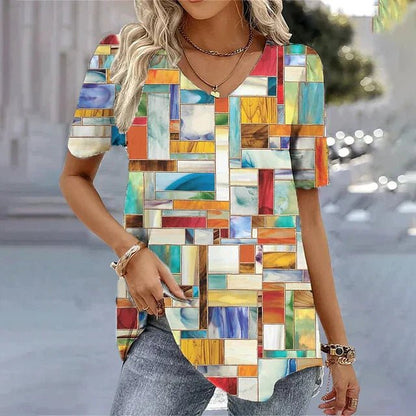 Printed V Neck Blouse with Short Sleeves