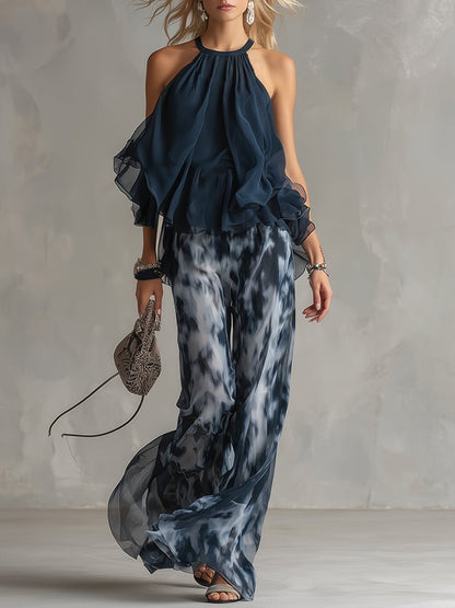 Navy Blue Halter Jumpsuit with Wide Leg Pants