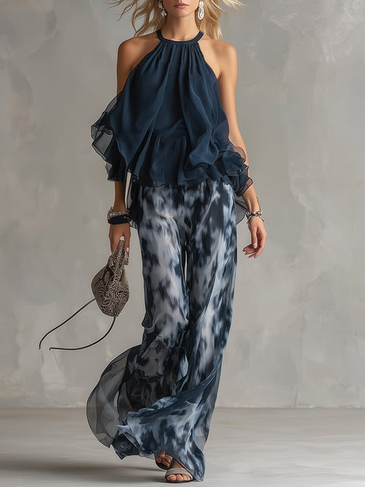 Navy Blue Halter Jumpsuit with Wide Leg Pants