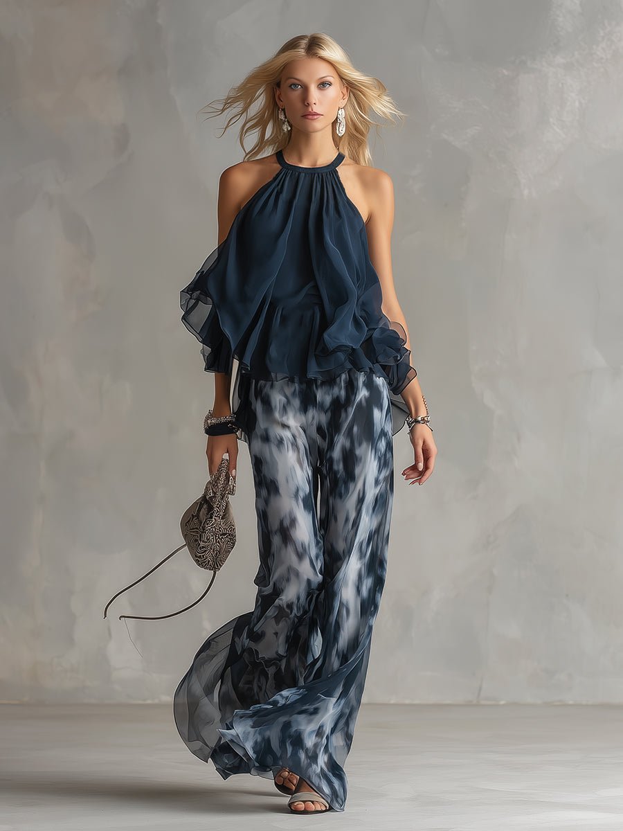Navy Blue Halter Jumpsuit with Wide Leg Pants