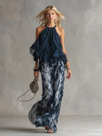 Navy Blue Halter Jumpsuit with Wide Leg Pants