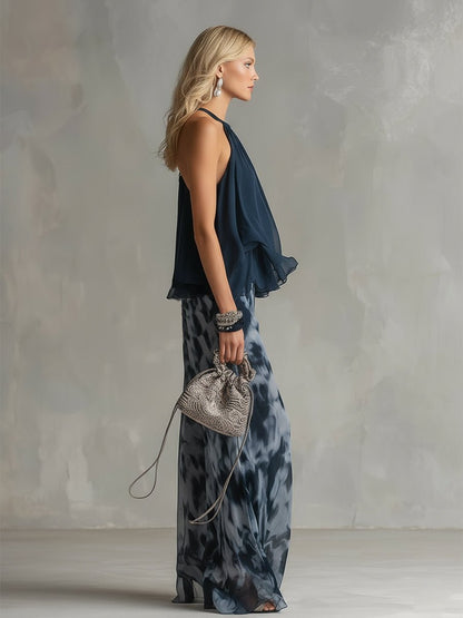 Navy Blue Halter Jumpsuit with Wide Leg Pants