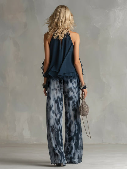 Navy Blue Halter Jumpsuit with Wide Leg Pants