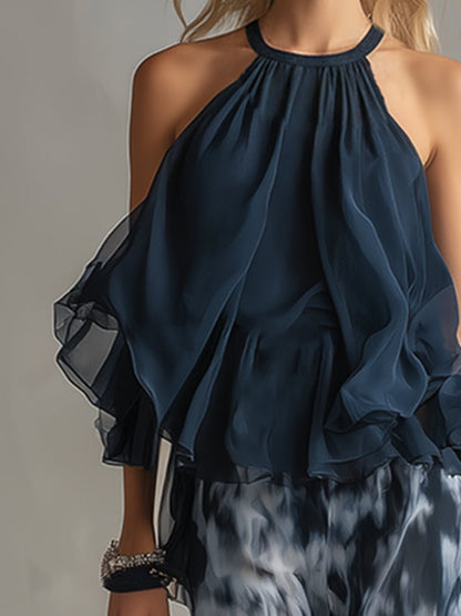 Navy Blue Halter Jumpsuit with Wide Leg Pants