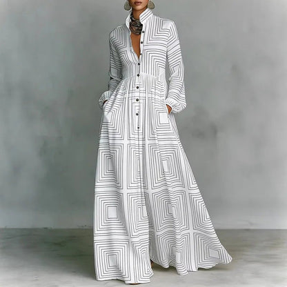 Effortless Printed Maxi Dress for Women with Stand Collar Style