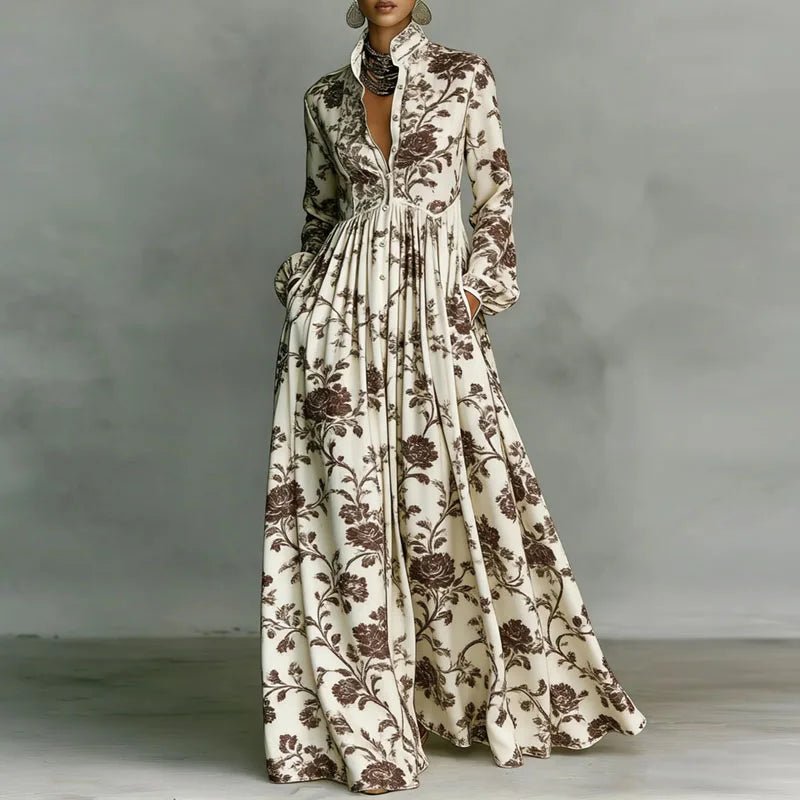 Effortless Printed Maxi Dress for Women with Stand Collar Style