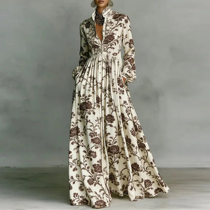 Effortless Printed Maxi Dress for Women with Stand Collar Style