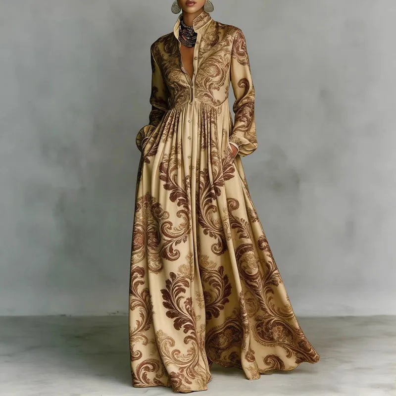 Effortless Printed Maxi Dress for Women with Stand Collar Style