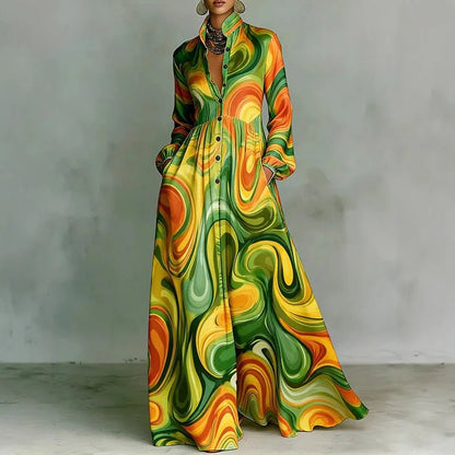 Effortless Printed Maxi Dress for Women with Stand Collar Style