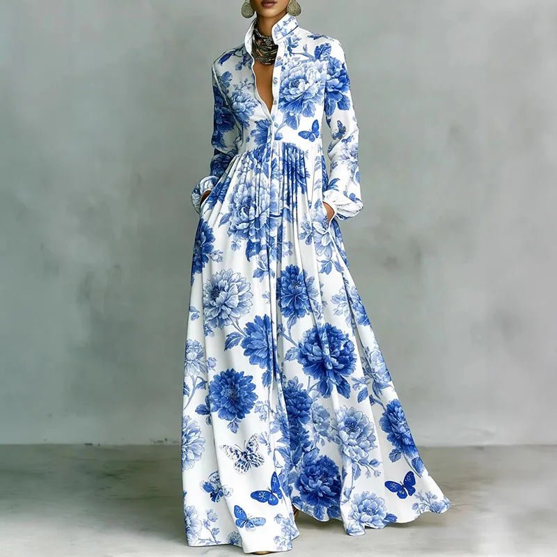 Effortless Printed Maxi Dress for Women with Stand Collar Style