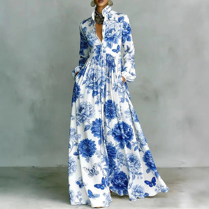 Effortless Printed Maxi Dress for Women with Stand Collar Style