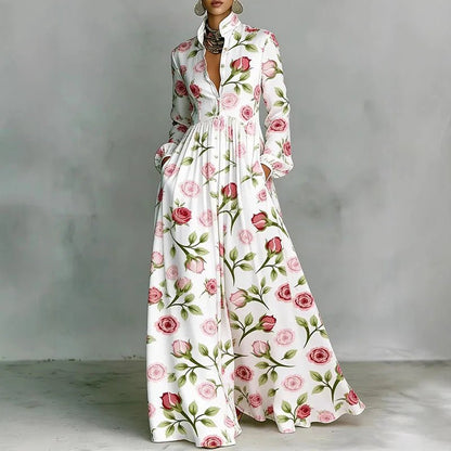 Effortless Printed Maxi Dress for Women with Stand Collar Style