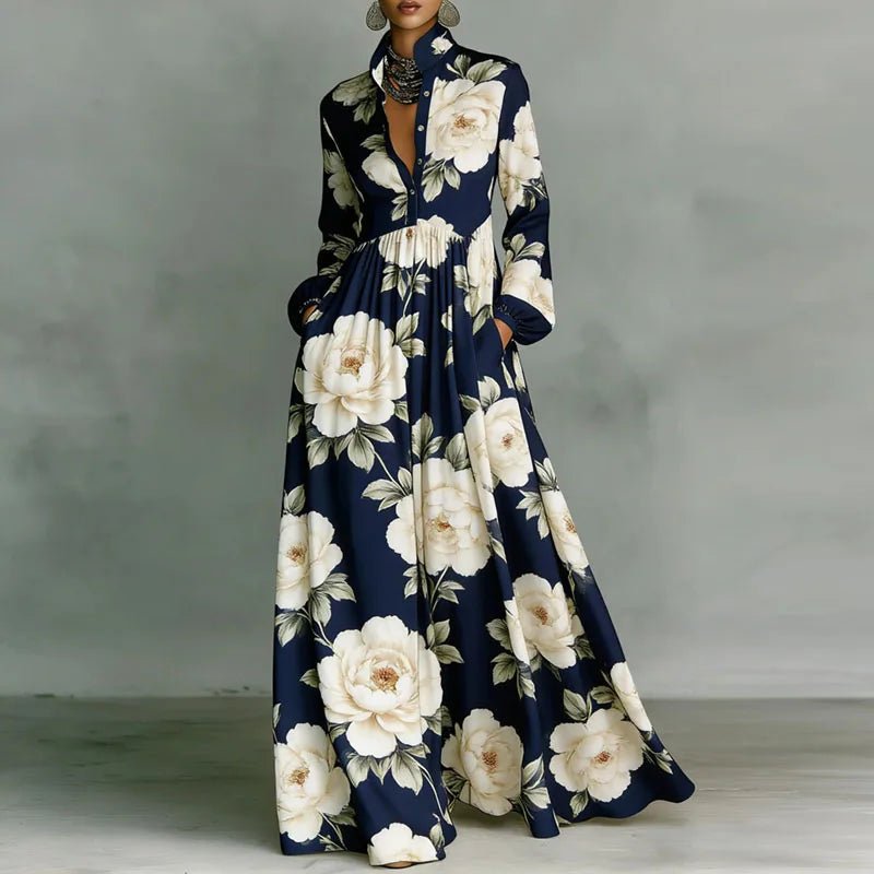 Effortless Printed Maxi Dress for Women with Stand Collar Style