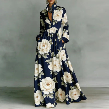 Effortless Printed Maxi Dress for Women with Stand Collar Style