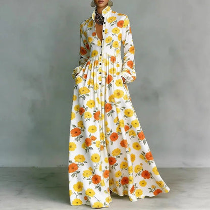 Effortless Printed Maxi Dress for Women with Stand Collar Style
