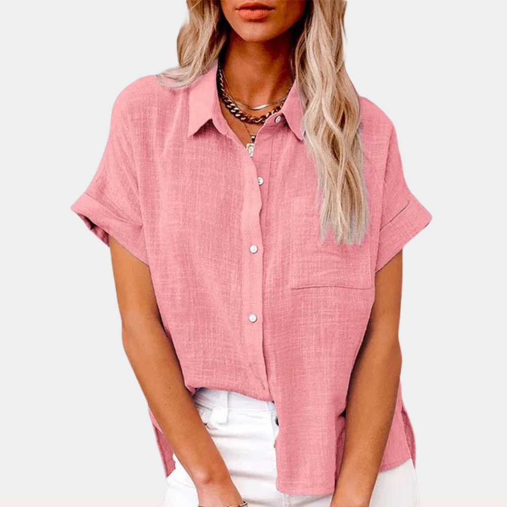 Relaxed Button Down Blouse with Short Sleeves