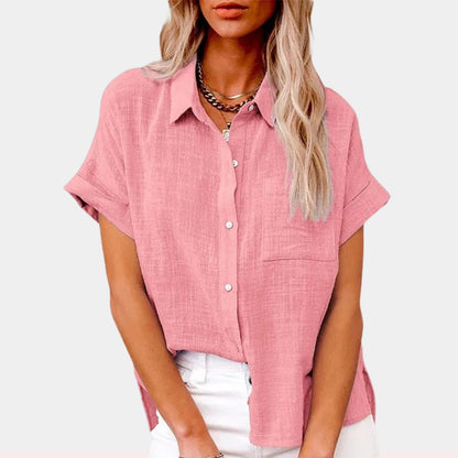 Relaxed Button Down Blouse with Short Sleeves