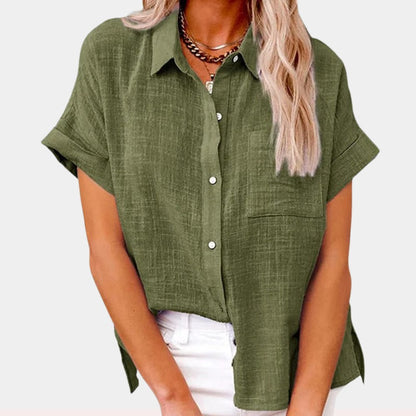 Relaxed Button Down Blouse with Short Sleeves