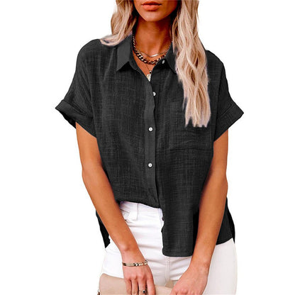 Relaxed Button Down Blouse with Short Sleeves