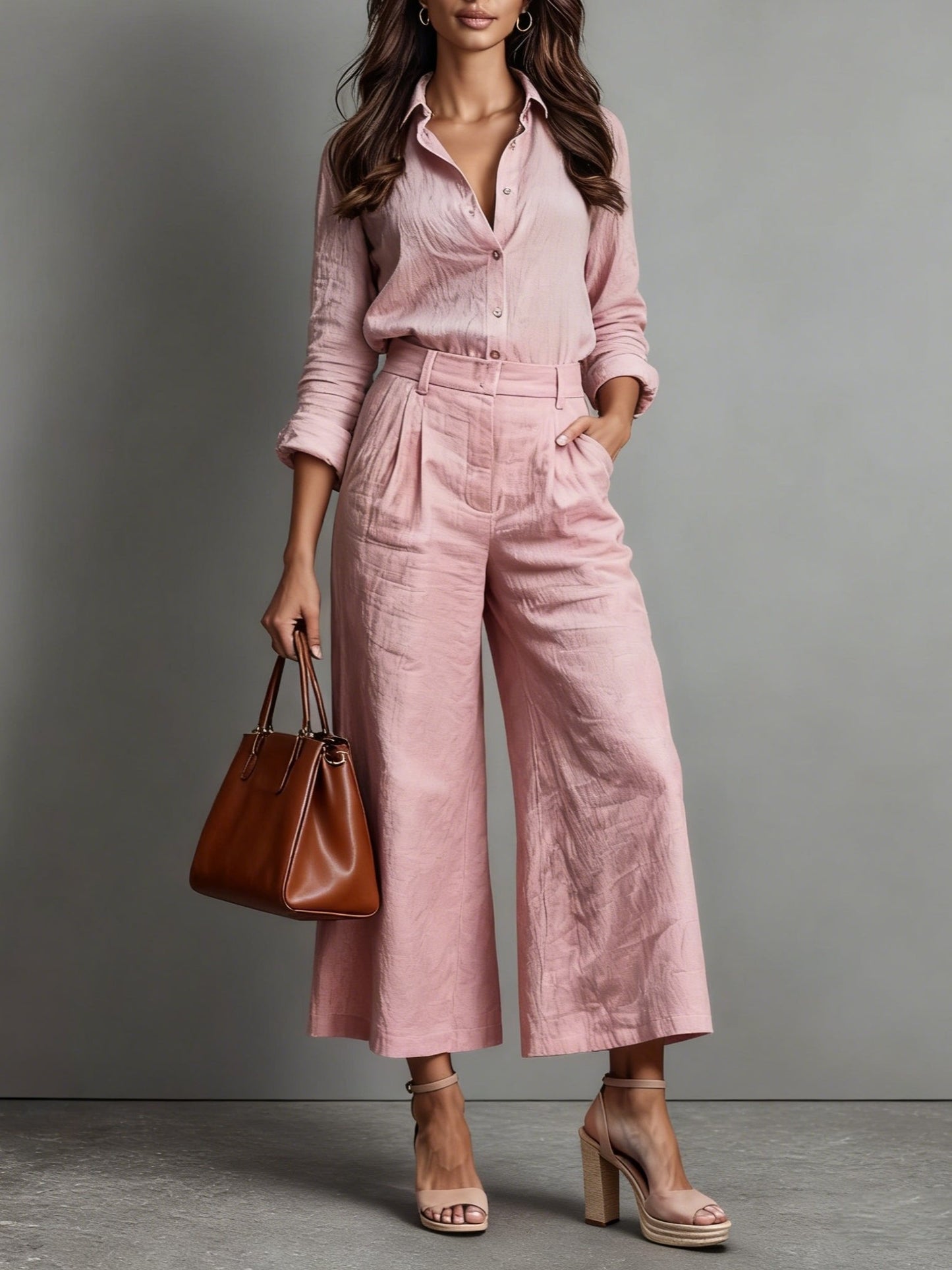 Button Down Two Piece Set with Wide Leg Pants
