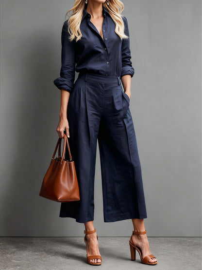Button Down Two Piece Set with Wide Leg Pants