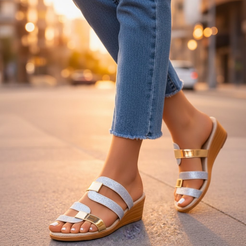 Metallic Strap Wedge Sandals