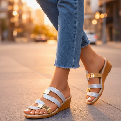Metallic Strap Wedge Sandals