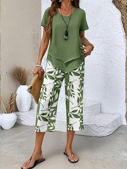 Short Sleeve Two Piece Set with Printed Pants