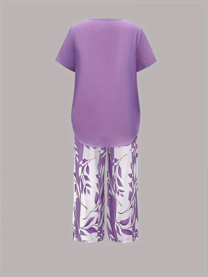 Short Sleeve Two Piece Set with Printed Pants