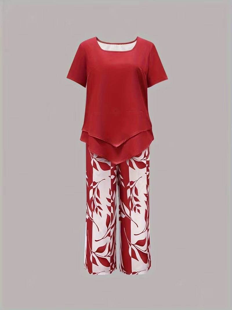 Short Sleeve Two Piece Set with Printed Pants