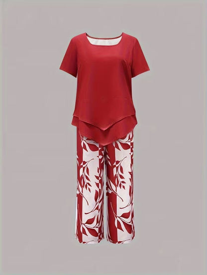 Short Sleeve Two Piece Set with Printed Pants