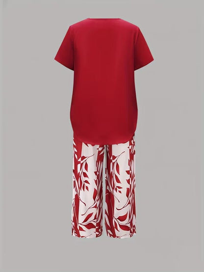 Short Sleeve Two Piece Set with Printed Pants