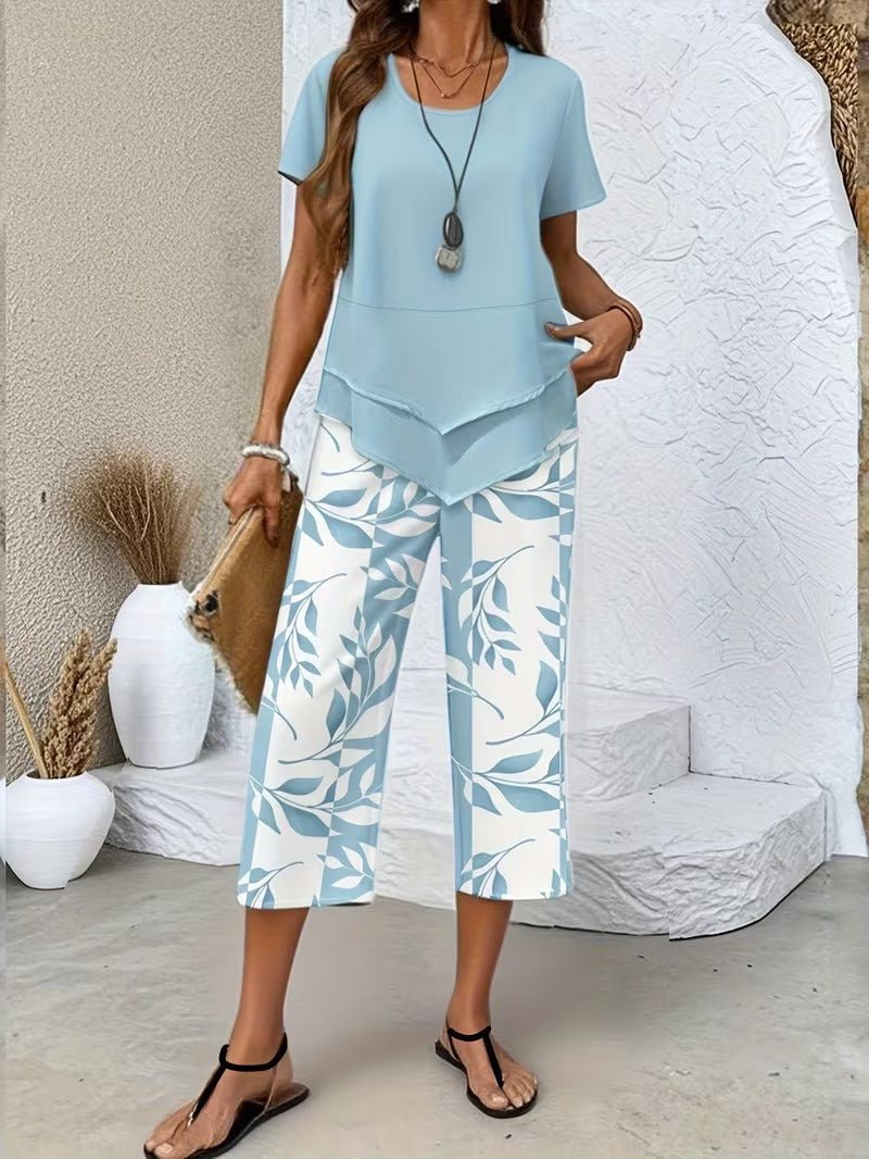 Short Sleeve Two Piece Set with Printed Pants
