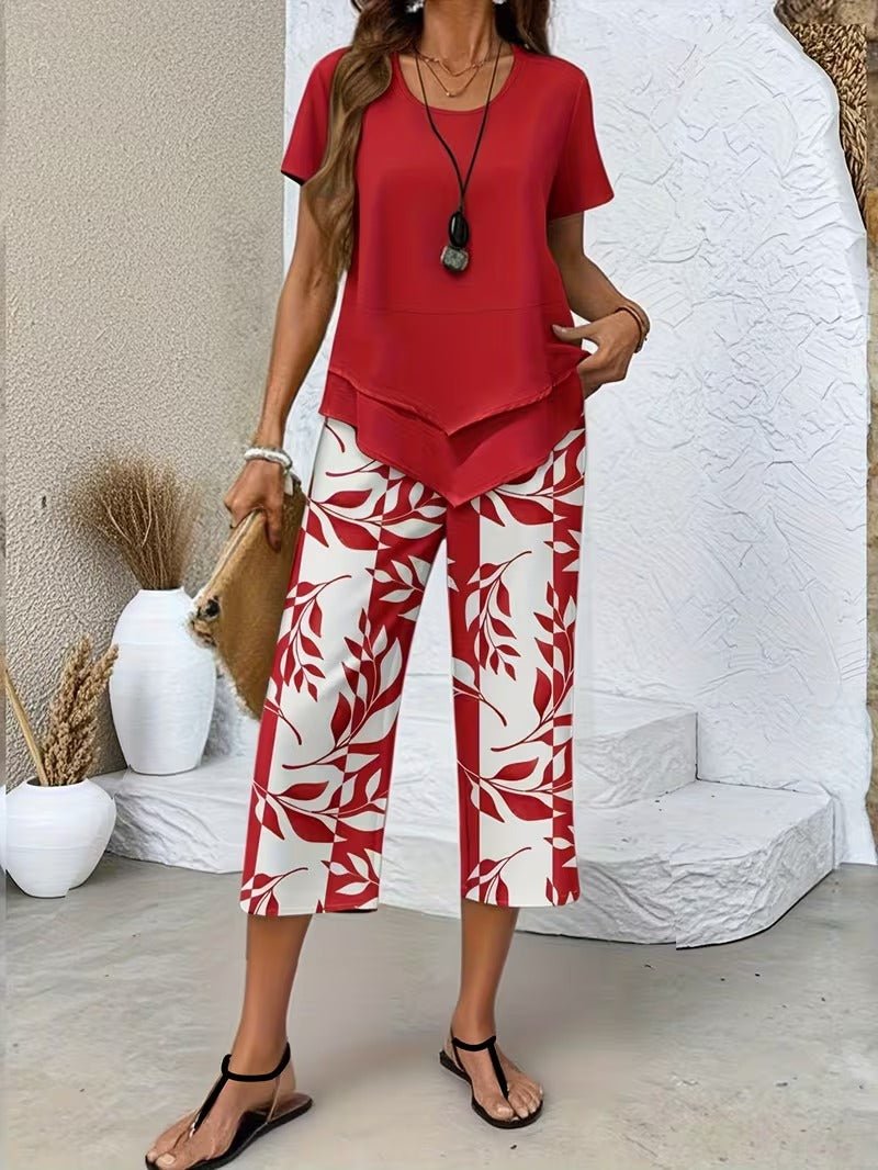 Short Sleeve Two Piece Set with Printed Pants
