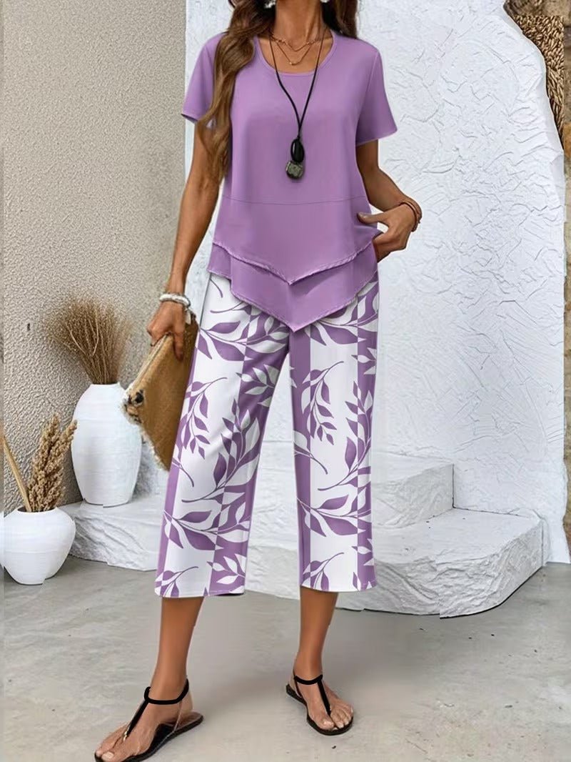 Short Sleeve Two Piece Set with Printed Pants
