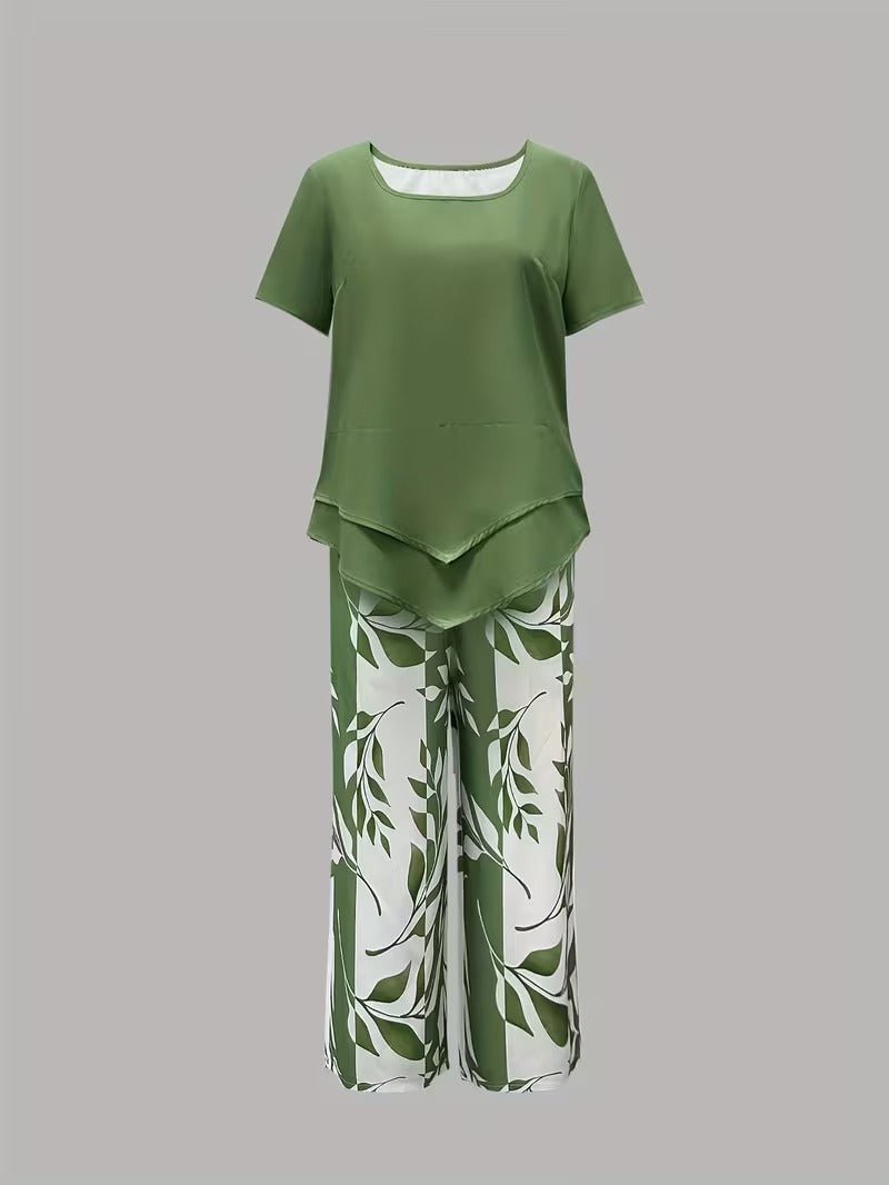 Short Sleeve Two Piece Set with Printed Pants