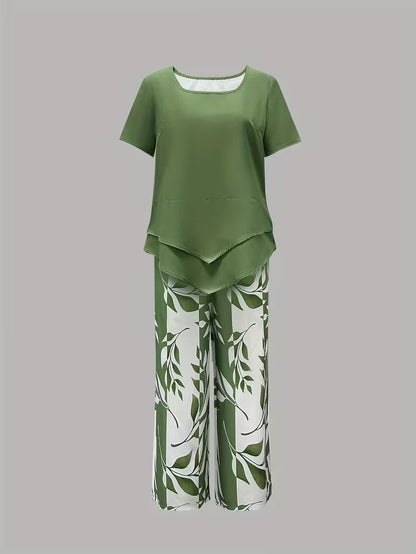 Short Sleeve Two Piece Set with Printed Pants
