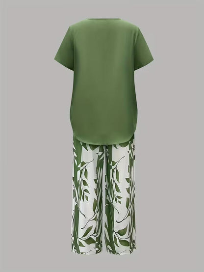 Short Sleeve Two Piece Set with Printed Pants